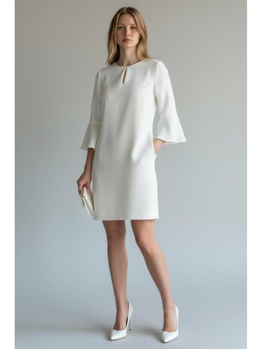 White House Black Market Ivory Shift Dress with Bell Sleeves and Keyhole Neck, N